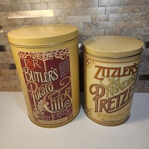 Vintage Intrigue Potato Chip & Pretzel Tin Canister Set Made in England Cream